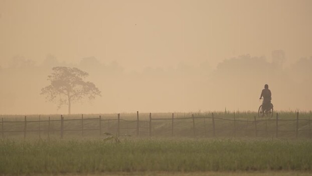 View of a cyclist riding through a misty rural landscape Bangladesh.