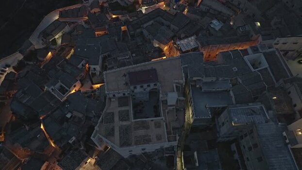 Aerial view of Sassi di Matera at night Italy.
