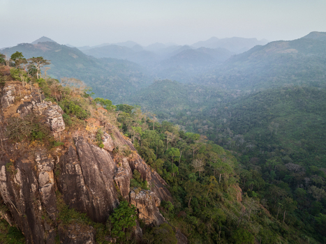 Aerial view of steep rocky cliffs and lush tropical forest stretching across the misty mountain valley near Man Montagnes District Cote d Ivoire.