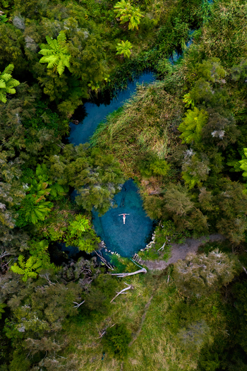 Aerial view of a lone figure floating in the azure waters of Hot Water Beach embraced by the dense emerald rainforest Lake Tarawera Waikato Region New Zealand. Aerial view of a lone figure floating in the azure waters of Hot Water Beach embraced by the dense emerald rainforest Lake Tarawera Waikato Region New Zealand.