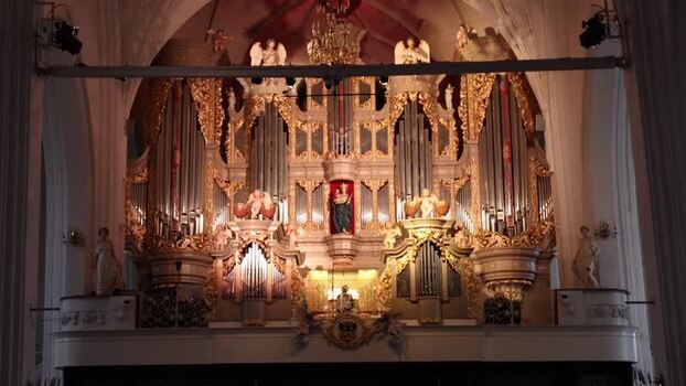 View of the ornate pipe organ in Kaliningrad Cathedral Russia.