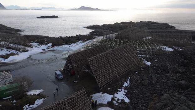 Aerial view of Lofoten fish drying racks in Vagan Municipality Norway.