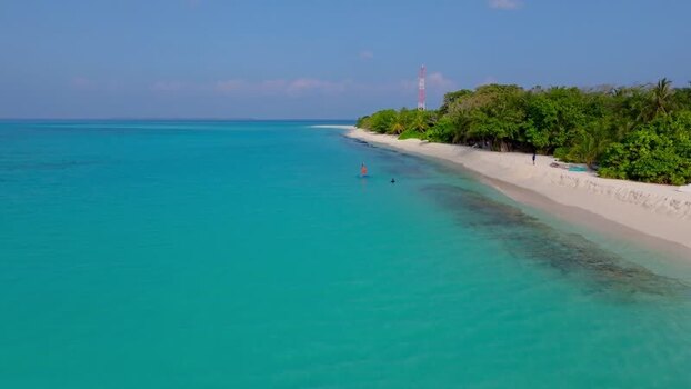 Aerial view of sandy beach and turquoise water Maldives.