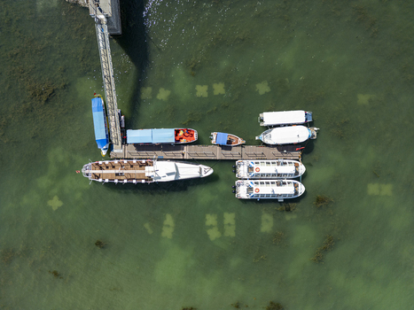 Aerial view of Moloja Shiroke pier with various boats docked in the clear green waters of Lake Shkodra in Shiroka Shkoder County Albania. Aerial view of Moloja Shiroke pier with various boats docked in the clear green waters of Lake Shkodra in Shiroka Shkoder County Albania.