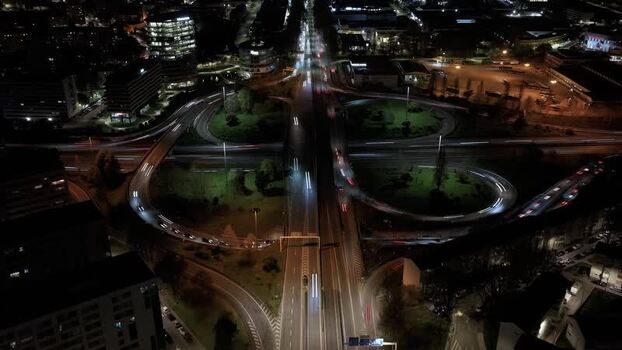 Aerial view of roads and buildings at night Portugal.