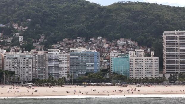 Aerial view of Copacabana Beach and city skyline Brazil.
