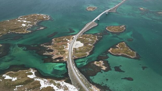 Aerial view of Flakstadbruene Norway.