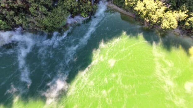 Aerial view of geothermal hot springs in Reporoa New Zealand.