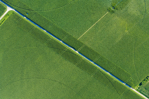 Aerial view of green agricultural fields with circular irrigation patterns and a diagonal road cutting through the landscape in Hombourg Grand Est France. Aerial view of green agricultural fields with circular irrigation patterns and a diagonal road cutting through the landscape in Hombourg Grand Est France.