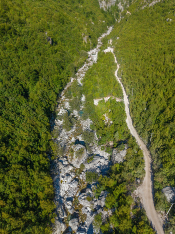 Aerial view of Blue Eye Theth a natural spring surrounded by lush green forests rocky terrain and a winding dirt path in Theth Shkoder County Albania. Aerial view of Blue Eye Theth a natural spring surrounded by lush green forests rocky terrain and a winding dirt path in Theth Shkoder County Albania.
