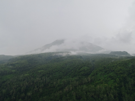 Aerial view of misty mountain peaks rising above a dense tropical forest under an overcast sky in Tawangmangu Central Java Indonesia.