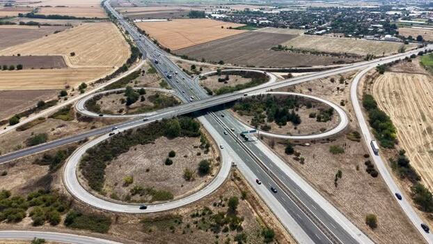 Aerial view of Trakiya Highway interchange in Bulgaria.