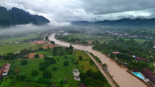 Aerial view of Nam Song River and karst mountains Laos.