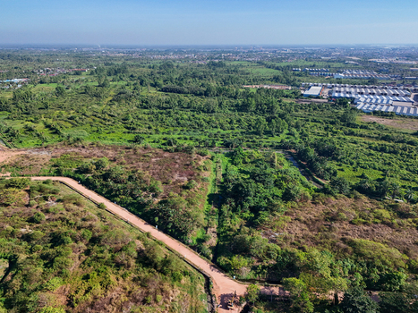 Aerial view of lush green vegetation and a dirt road winding through the landscape near industrial warehouses in Banjarmasin City South Kalimantan Indonesia. Aerial view of lush green vegetation and a dirt road winding through the landscape near industrial warehouses in Banjarmasin City South Kalimantan Indonesia.