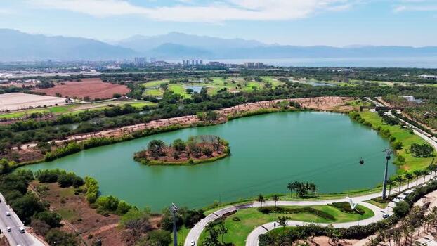 Aerial view of golf course and lake Mexico.