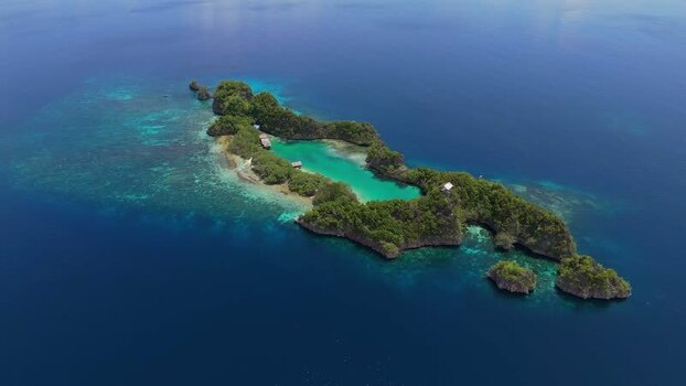 Aerial view of Rufas Home Stay in Raja Ampat Indonesia.