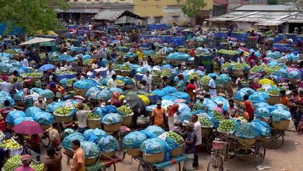 View of a crowded mango market with vendors Bangladesh.