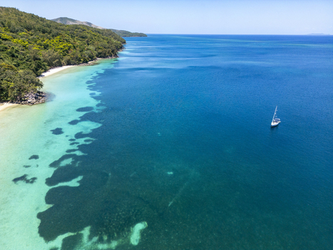 Aerial view of Guanaja island with lush green hills turquoise coral reefs and a lone sailboat on the calm blue sea Guanaja Bay Islands Department Honduras. Aerial view of Guanaja island with lush green hills turquoise coral reefs and a lone sailboat on the calm blue sea Guanaja Bay Islands Department Honduras.
