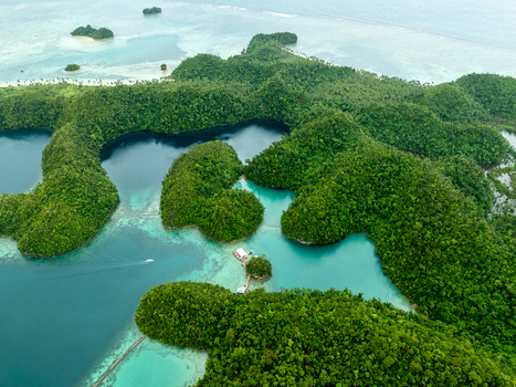 Aerial view of Sugba Lagoon with its turquoise waters lush green karst islands and a small wooden platform in Del Carmen Caraga Philippines. Aerial view of Sugba Lagoon with its turquoise waters lush green karst islands and a small wooden platform in Del Carmen Caraga Philippines.