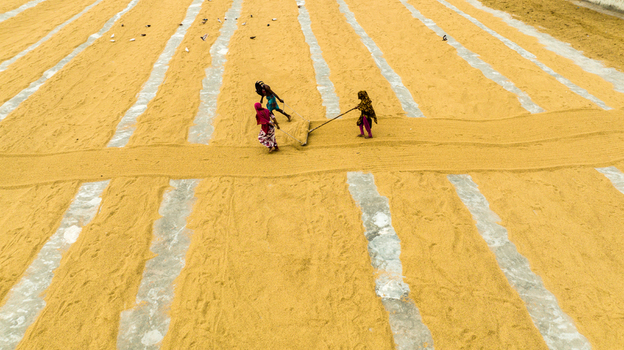 Ashuganj Bangladesh 05 July 2022 Aerial view of workers spreading harvested rice to dry on a large concrete surface in the Chittagong Division.
