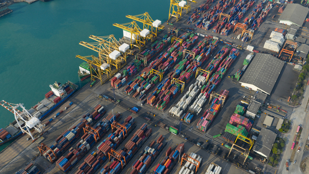 Si Racha District Thailand 08 March 2026 Aerial view of Laem Chabang International Terminal B 5 Terminal with rows of colorful shipping containers and yellow gantry cranes. Si Racha District Thailand 08 March 2026 Aerial view of Laem Chabang International Terminal B 5 Terminal with rows of colorful shipping containers and yellow gantry cranes.