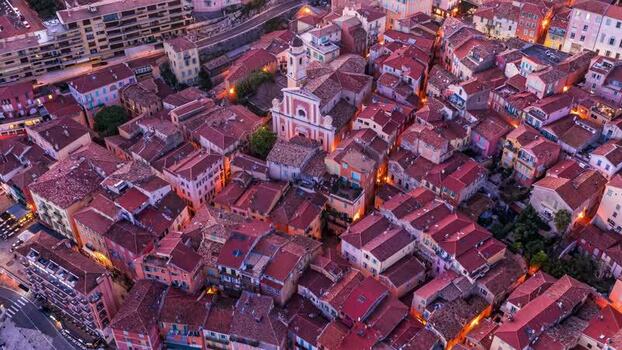 Aerial view of Villefranche sur Mer old town France.