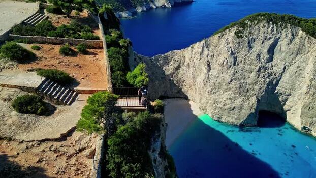 Aerial view of Navagio Beach and turquoise bay Greece.