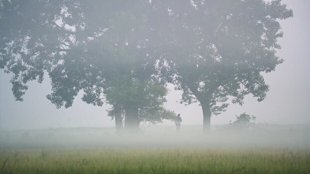 View of a person under trees in a misty field Bangladesh.