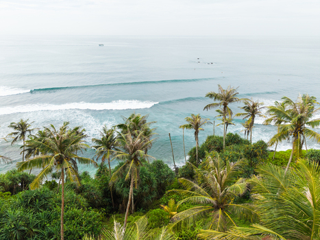 Aerial view of Coconut Tree Hill with lush palm trees overlooking the turquoise ocean waves and coastline in Mirissa Southern Province Sri Lanka. Aerial view of Coconut Tree Hill with lush palm trees overlooking the turquoise ocean waves and coastline in Mirissa Southern Province Sri Lanka.