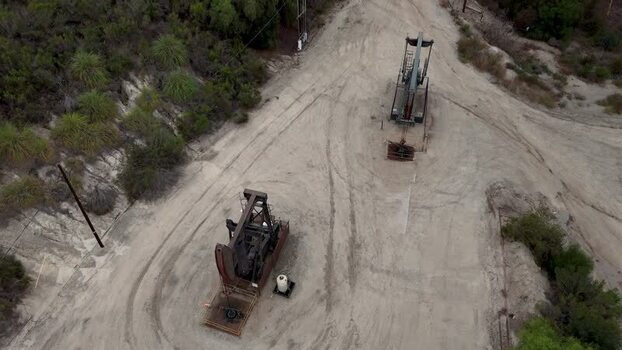 Aerial view of oil pump jacks in Baldwin Hills United States.
