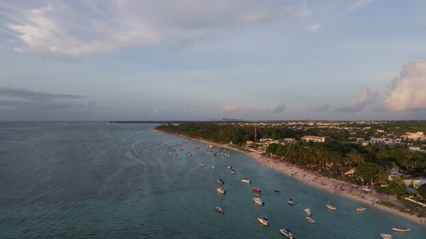 Aerial view of Cap Malheureux beach and boats Mauritius.