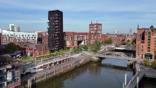 Aerial view of Magdeburger Hafen in the Speicherstadt in Hamburg Germany.