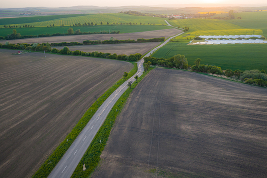 Aerial view of a narrow road winding through vast agricultural fields and green meadows under a soft sunset light near Chvalkovice Hradec Kralove Region Czechia.