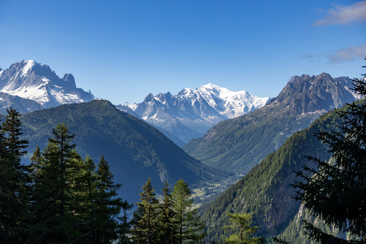 View of the snow capped Mont Blanc massif rising above the lush green valleys and pine forests of the Swiss Alps near Le Chatelard Fribourg Switzerland. View of the snow capped Mont Blanc massif rising above the lush green valleys and pine forests of the Swiss Alps near Le Chatelard Fribourg Switzerland.