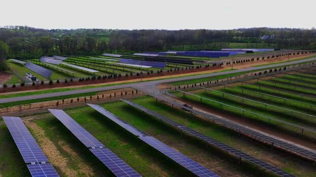 Aerial view of solar panels in rows United States.