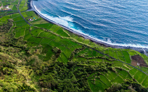 Aerial view of a vibrant green patchwork of fields meeting the dark rocky shoreline and foamy turquoise waves Faj&atilde; Grande Azores Portugal.
