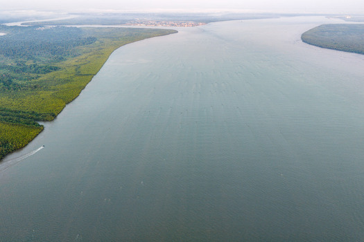 Aerial view of the wide river estuary in the Niger Delta with lush mangrove forests lining the banks and a small boat traveling on the water Opobo Town Rivers Nigeria. Aerial view of the wide river estuary in the Niger Delta with lush mangrove forests lining the banks and a small boat traveling on the water Opobo Town Rivers Nigeria.