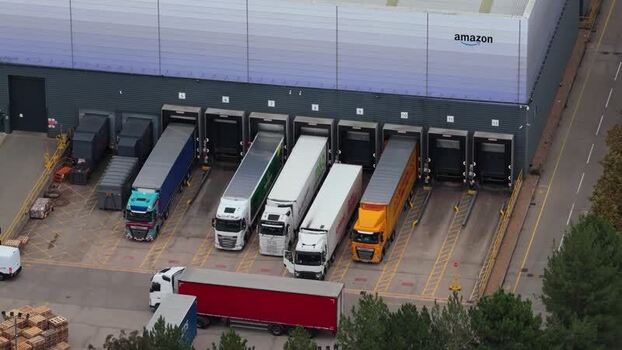 Aerial view of Amazon logistics center in Broughton United Kingdom.