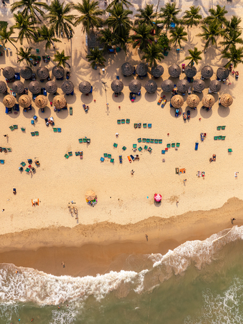 Aerial view of a sandy beach in Vietnam with rows of straw umbrellas sun loungers and people relaxing by the ocean waves. Aerial view of a sandy beach in Vietnam with rows of straw umbrellas sun loungers and people relaxing by the ocean waves.