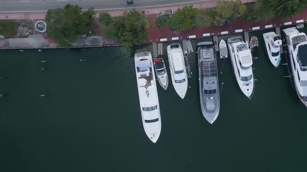 Aerial view of yachts at a marina in Miami Beach United States.