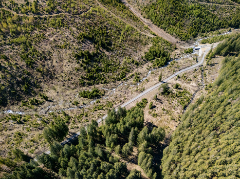 Aerial view of the Demanovska Dolina valley featuring a winding road a mountain stream and dense evergreen forests on steep slopes in Demanovska Dolina Zilina Region Slovakia.