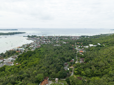 Aerial view of emerald trees meet the coastlines the town s buildings nestled between the lush greenery and the vast ocean Karimunjawa Central Java Indonesia. Aerial view of emerald trees meet the coastlines the town s buildings nestled between the lush greenery and the vast ocean Karimunjawa Central Java Indonesia.