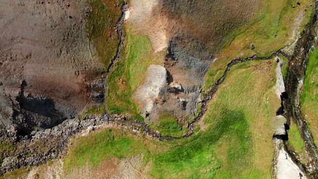Aerial view of Grensdalur stream in volcanic landscape Iceland. Aerial view of Grensdalur stream in volcanic landscape Iceland.