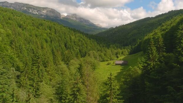 Aerial view of a mountain cabin in a green valley Romania. Aerial view of a mountain cabin in a green valley Romania.