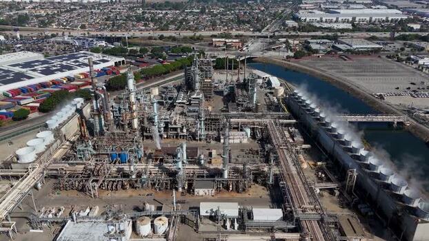 Aerial view of an industrial oil refinery in Carson United States.