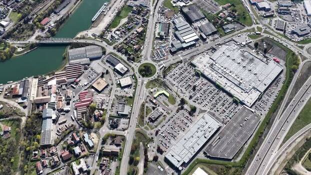 Aerial view of river and roundabout France.