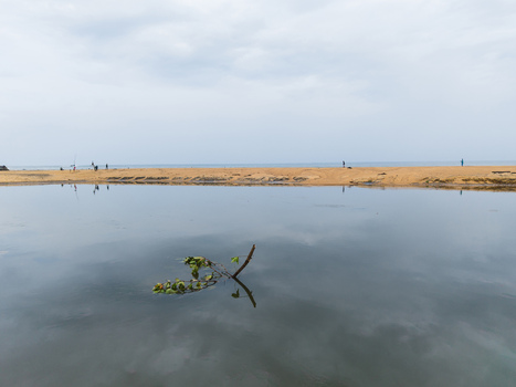 Aerial view of calm lagoon water reflecting a cloudy sky with a floating branch and people on a sandy beach Galle Southern Province Sri Lanka. Aerial view of calm lagoon water reflecting a cloudy sky with a floating branch and people on a sandy beach Galle Southern Province Sri Lanka.