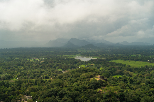 View of lush tropical jungle and distant mountains under a misty overcast sky Sigiriya Central Province Sri Lanka. View of lush tropical jungle and distant mountains under a misty overcast sky Sigiriya Central Province Sri Lanka.