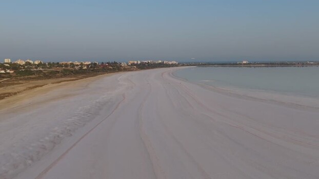 Aerial view of Larnaca Salt Lake and surrounding landscape Cyprus.