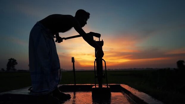 View of a man pumping water at sunset in Bogura Bangladesh. View of a man pumping water at sunset in Bogura Bangladesh.
